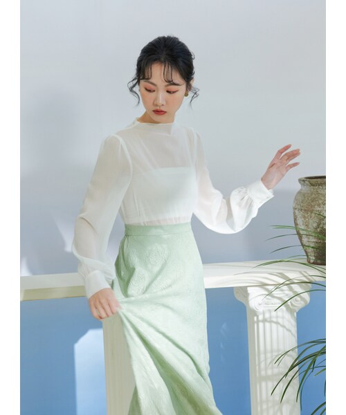 Marjorie（マージョリー）の「河畔舊書攤，立體花朵壓紋設計傘裙（スカート・レディース・薄荷綠・S/M/L）」の2枚目の写真