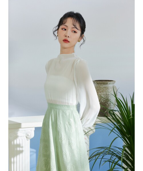 Marjorie（マージョリー）の「河畔舊書攤，立體花朵壓紋設計傘裙（スカート・レディース・薄荷綠・S/M/L）」の4枚目の写真