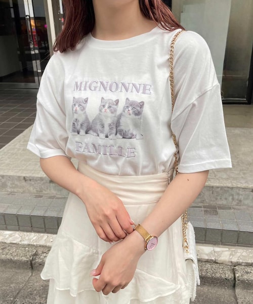 one after another NICE CLAUP(ワンアフターアナザーナイスクラップ)の「にゃんこBigTee(Tシャツ/カットソー・レディース・ホワイト/ホワイト系その他/ピンク/ピンク系その他・0)」の2枚目の写真