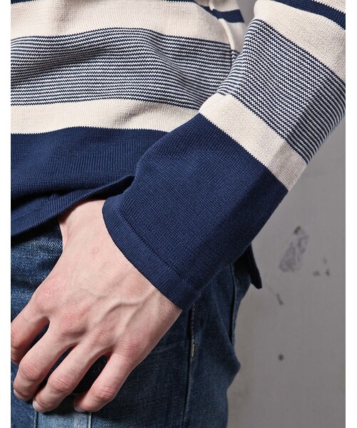 MR.OLIVE（ミスターオリーブ）の「MR.OLIVE 12G COTTON BORDER KNIT / BOAT NECK BASQUE SHIRT（トップス・メンズ・アイボリー×ネイビー/アイボリー×レッド・S/M/L）」の9枚目の写真