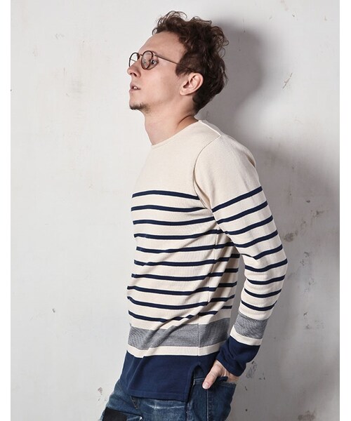 MR.OLIVE（ミスターオリーブ）の「MR.OLIVE 12G COTTON BORDER KNIT / BOAT NECK BASQUE SHIRT（トップス・メンズ・アイボリー×ネイビー/アイボリー×レッド・S/M/L）」の6枚目の写真