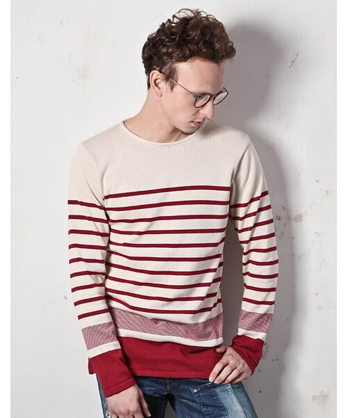 MR.OLIVE（ミスターオリーブ）の「MR.OLIVE 12G COTTON BORDER KNIT / BOAT NECK BASQUE SHIRT（トップス・メンズ・アイボリー×ネイビー/アイボリー×レッド・S/M/L）」の2枚目の写真