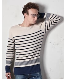 MR.OLIVE | MR.OLIVE 12G COTTON BORDER KNIT / BOAT NECK BASQUE SHIRT(トップス)