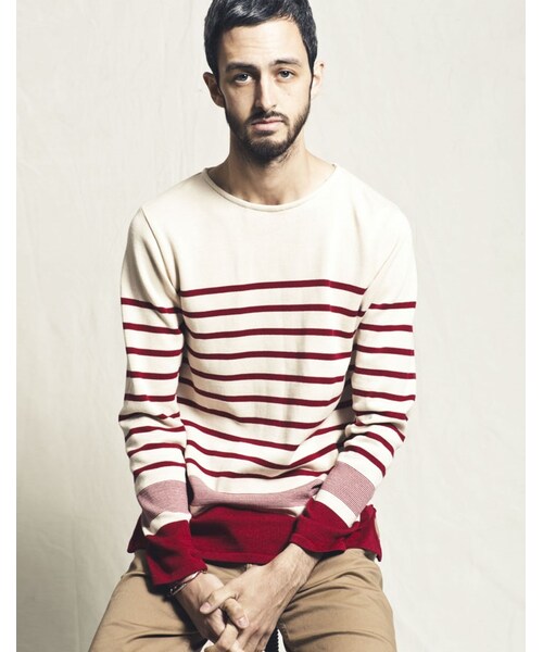 MR.OLIVE（ミスターオリーブ）の「MR.OLIVE 12G COTTON BORDER KNIT / BOAT NECK BASQUE SHIRT（トップス・メンズ・アイボリー×ネイビー/アイボリー×レッド・S/M/L）」の11枚目の写真