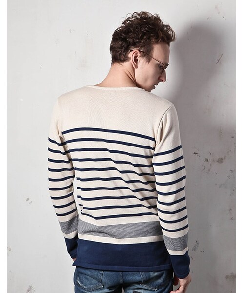 MR.OLIVE（ミスターオリーブ）の「MR.OLIVE 12G COTTON BORDER KNIT / BOAT NECK BASQUE SHIRT（トップス・メンズ・アイボリー×ネイビー/アイボリー×レッド・S/M/L）」の7枚目の写真