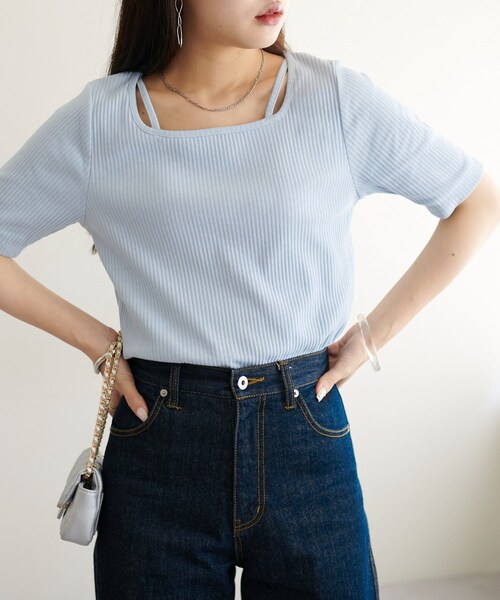 DISCOAT（ディスコート）の「【WEB限定/前後2WAY】リブデザインストラッププルオーバー（Tシャツ/カットソー・レディース・ホワイト/ブラック/ブルー・M）」の2枚目の写真