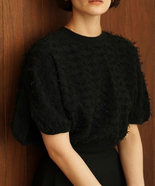 クラネ　CLANE FRINGE ARCH SLEEVE KNIT TOPS CLANE〉 FRINGE ARCH SLEEVE KNIT TOPS WHITE/BLACK/GREEN