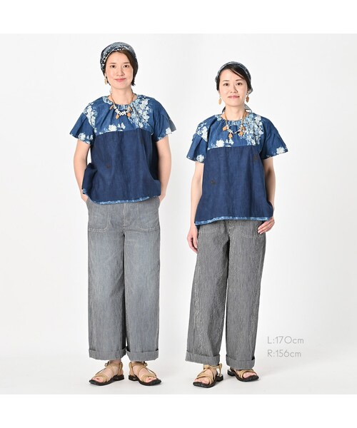 45R ブラウス インディゴ 藍染 フラワー 花柄 フリーサイズ 45Rインドカディのカットワークブラウス（藍）: WOMEN｜45R