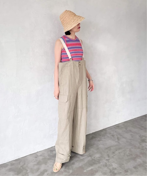 イエナ／24SS❤️ サスペンダーツイルパンツ カーキ/モカベージュ36 Fashion Letter サスペンダー付きハイウェストツイルパンツ