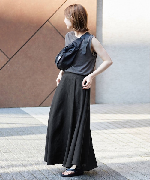 SLOBE IÉNA シルク混 切替 ロングフレアスカート ブラック 黒 シルク混ツイルフレアスカート（ロング・マキシ丈スカート