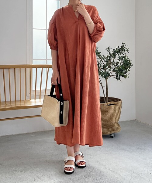 un dix cors(アンディコール)の「コットン楊柳ギャザーワンピース(ワンピース/ドレス・レディース・オレンジ/ブラック・F)」の1枚目の写真