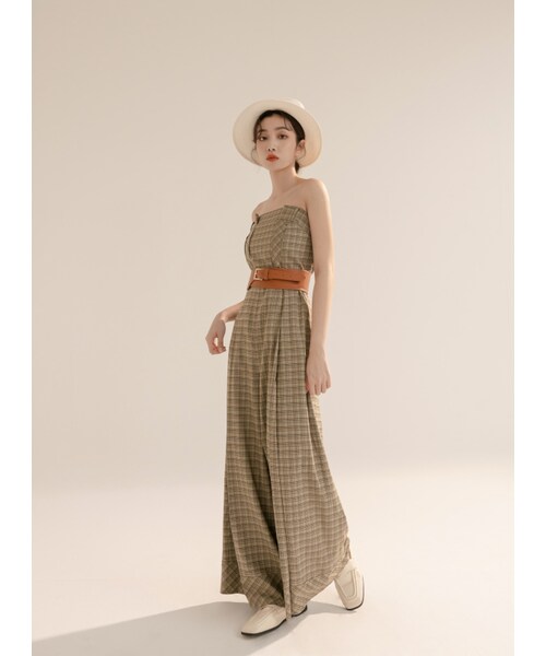 Marjorie（マージョリー）の「瀰漫大地，皮革腰封格紋打褶平口連身褲（パンツ・レディース・咖啡綠・XS/S/M/L）」の3枚目の写真