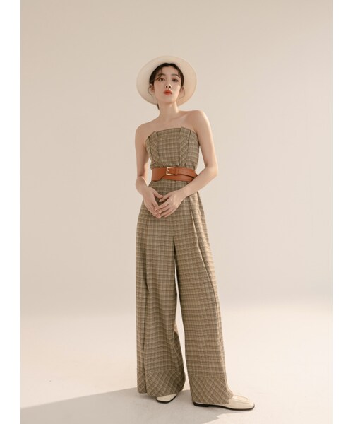 Marjorie（マージョリー）の「瀰漫大地，皮革腰封格紋打褶平口連身褲（パンツ・レディース・咖啡綠・XS/S/M/L）」の6枚目の写真