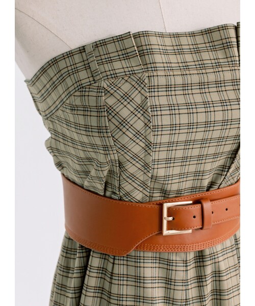 Marjorie（マージョリー）の「瀰漫大地，皮革腰封格紋打褶平口連身褲（パンツ・レディース・咖啡綠・XS/S/M/L）」の9枚目の写真