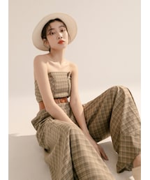 Marjorie | 瀰漫大地，皮革腰封格紋打褶平口連身褲