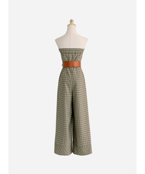 Marjorie（マージョリー）の「瀰漫大地，皮革腰封格紋打褶平口連身褲（パンツ・レディース・咖啡綠・XS/S/M/L）」の8枚目の写真
