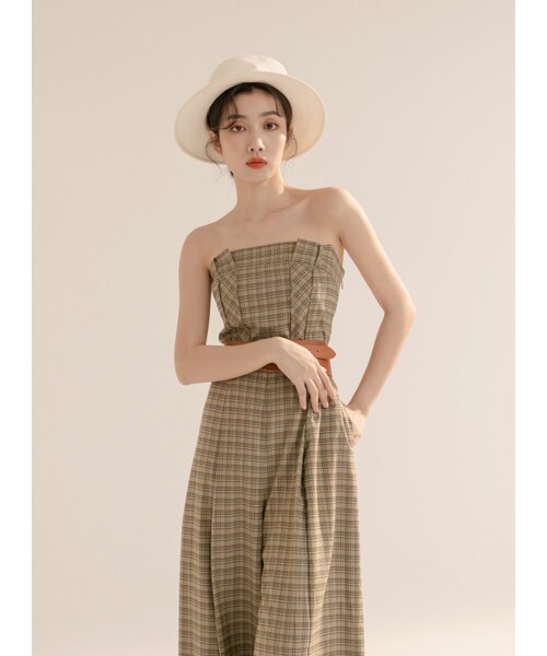 Marjorie（マージョリー）の「瀰漫大地，皮革腰封格紋打褶平口連身褲（パンツ・レディース・咖啡綠・XS/S/M/L）」の4枚目の写真