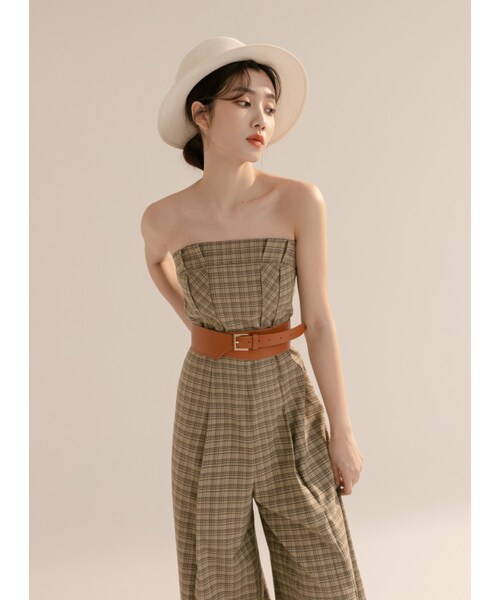 Marjorie（マージョリー）の「瀰漫大地，皮革腰封格紋打褶平口連身褲（パンツ・レディース・咖啡綠・XS/S/M/L）」の2枚目の写真