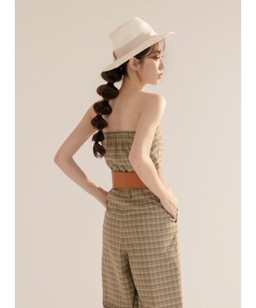 Marjorie（マージョリー）の「瀰漫大地，皮革腰封格紋打褶平口連身褲（パンツ・レディース・咖啡綠・XS/S/M/L）」の5枚目の写真