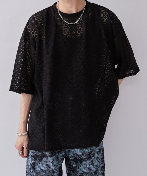 Lui's（ルイス）の「6分袖クロシェ編みプルオーバー（トップス・メンズ・エクリュ/ブラック・F）」の2枚目の写真