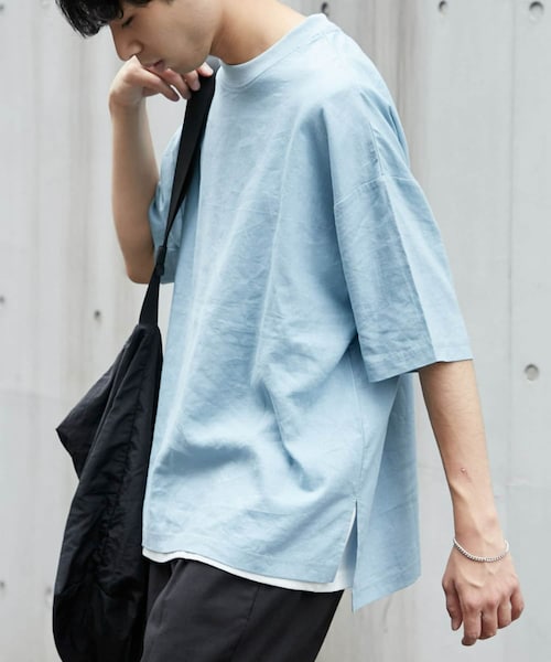 CIAOPANIC TYPY（チャオパニックティピー）の「リネンレーヨンアンサンブル布帛Tee（Tシャツ/カットソー・メンズ・チャコールグレー/サックスブルー/エクリュ・L/M）」の3枚目の写真