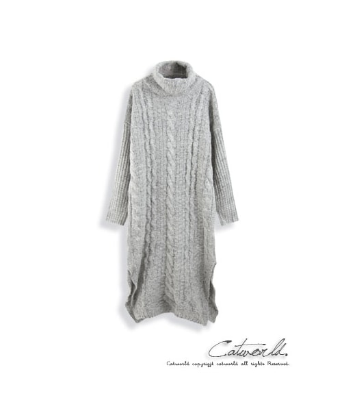 catworld（キャットワールド）の「高領麻花側開衩長版毛線洋裝（その他・レディース・灰/深藍・F）」の2枚目の写真