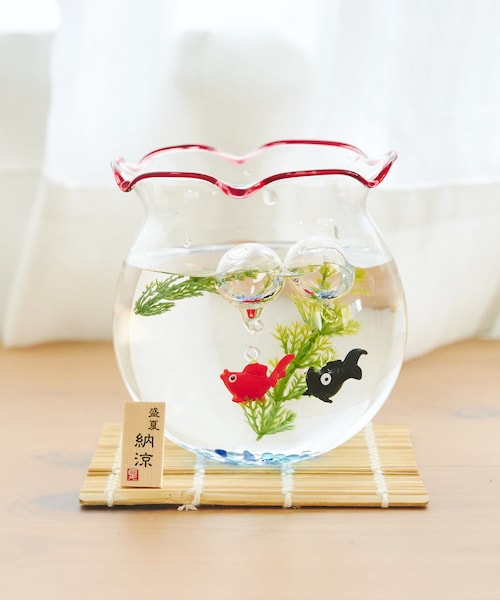 超レア　古道具 ヴィンテージ　古いガラスの金魚玉/金魚入れ　紐付き　未使用 古い金魚鉢と金魚のセット 吹きガラス アンティーク