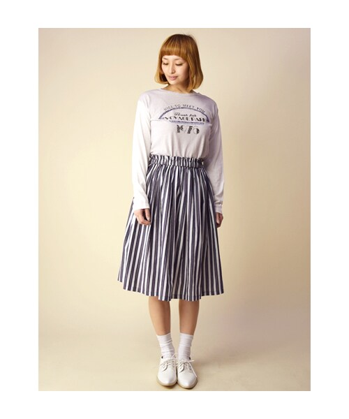 w closet(ダブルクローゼット)の「マルチストライプギャザースカート(パンツ・レディース・オフホワイト/サックス/ネイビー・FREE)」の11枚目の写真