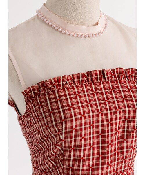Marjorie（マージョリー）の「在庭院裡轉圈，優雅格紋拼紗珍珠領洋裝（ワンピース/ドレス・レディース・紅格・XS/S/M/L）」の9枚目の写真