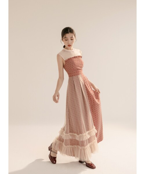 Marjorie（マージョリー）の「在庭院裡轉圈，優雅格紋拼紗珍珠領洋裝（ワンピース/ドレス・レディース・紅格・XS/S/M/L）」の3枚目の写真