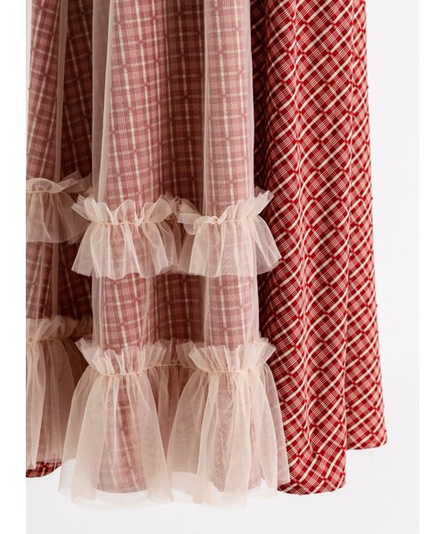 Marjorie（マージョリー）の「在庭院裡轉圈，優雅格紋拼紗珍珠領洋裝（ワンピース/ドレス・レディース・紅格・XS/S/M/L）」の10枚目の写真