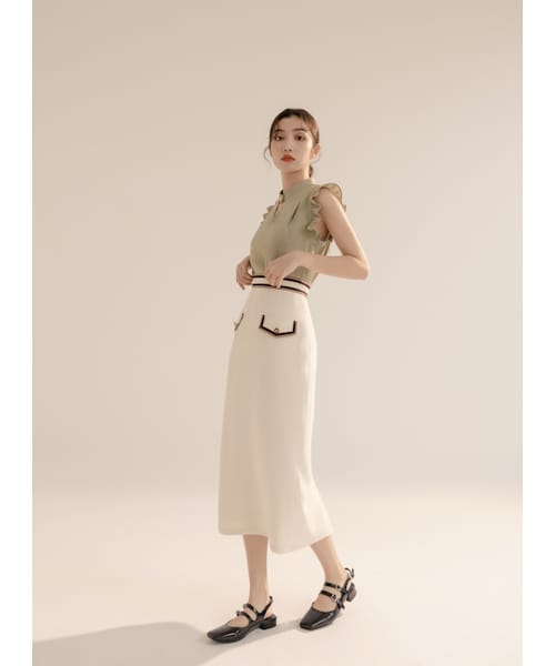 Marjorie（マージョリー）の「讚頌夏天，撞色織帶滾邊蓋袋設計直筒裙（スカート・レディース・米白/藍・XS/S/M/L）」の2枚目の写真