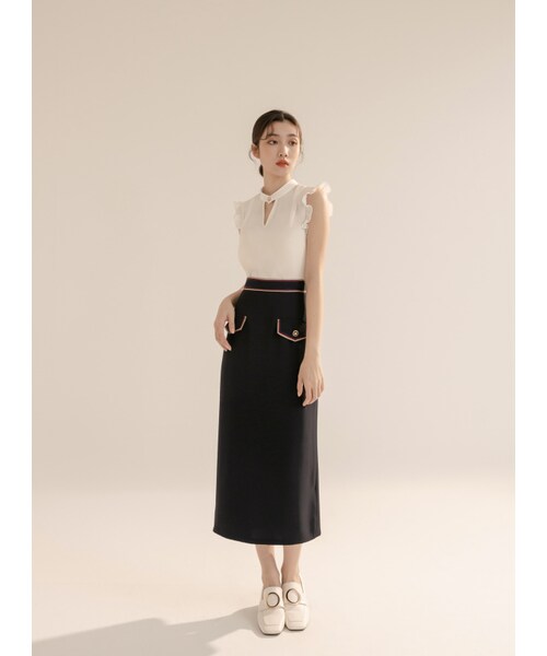 Marjorie（マージョリー）の「讚頌夏天，撞色織帶滾邊蓋袋設計直筒裙（スカート・レディース・米白/藍・XS/S/M/L）」の16枚目の写真