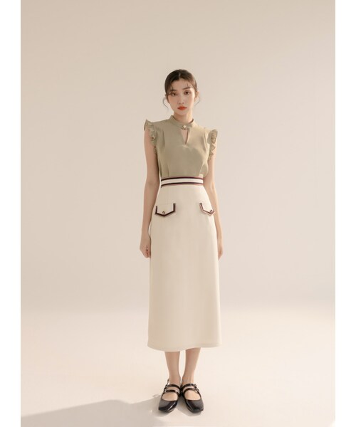 Marjorie（マージョリー）の「讚頌夏天，撞色織帶滾邊蓋袋設計直筒裙（スカート・レディース・米白/藍・XS/S/M/L）」の4枚目の写真