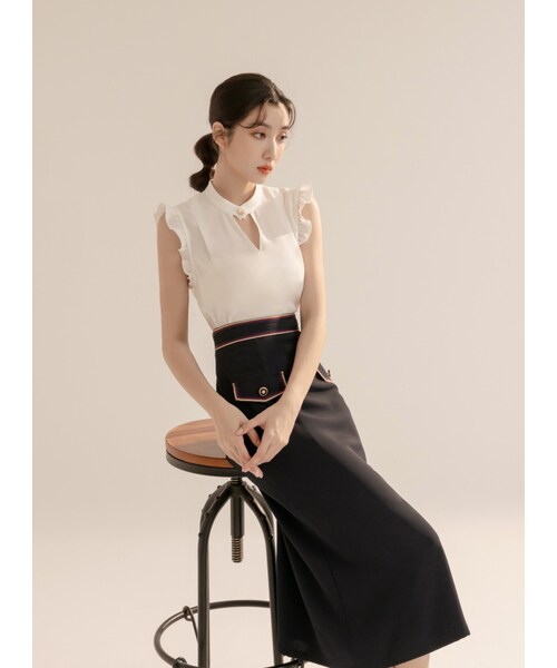 Marjorie（マージョリー）の「讚頌夏天，撞色織帶滾邊蓋袋設計直筒裙（スカート・レディース・米白/藍・XS/S/M/L）」の12枚目の写真