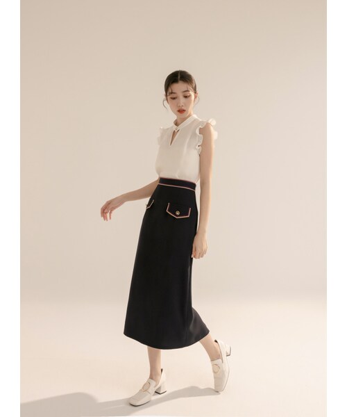 Marjorie（マージョリー）の「讚頌夏天，撞色織帶滾邊蓋袋設計直筒裙（スカート・レディース・米白/藍・XS/S/M/L）」の11枚目の写真