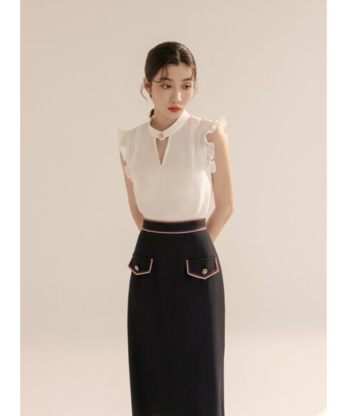 Marjorie（マージョリー）の「讚頌夏天，撞色織帶滾邊蓋袋設計直筒裙（スカート・レディース・米白/藍・XS/S/M/L）」の14枚目の写真