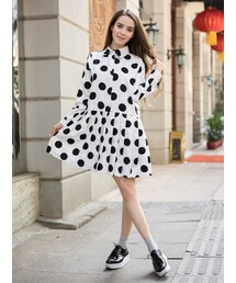 Shalex | Polka Print Shirt Dress with Pleating(ワンピース)