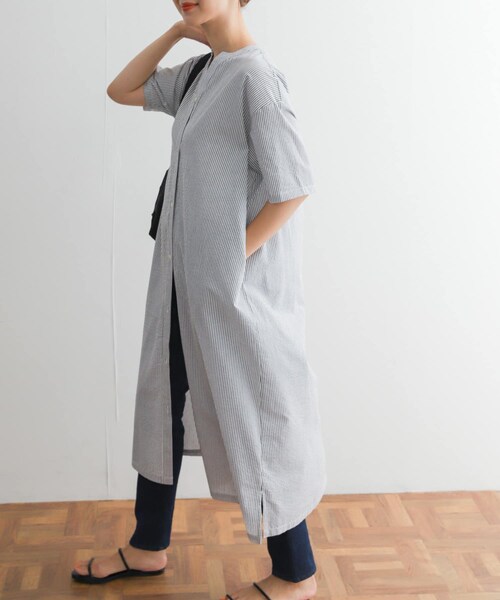 URBAN RESEARCH DOORS（アーバンリサーチドアーズ）の「ストライプ5分袖シャツワンピース（ワンピース/ドレス・レディース・BEIGE/BLACK/BLUE・M）」の8枚目の写真