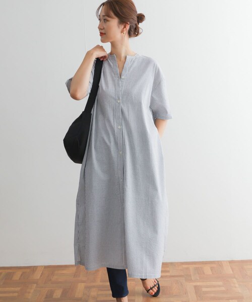 URBAN RESEARCH DOORS（アーバンリサーチドアーズ）の「ストライプ5分袖シャツワンピース（ワンピース/ドレス・レディース・BEIGE/BLACK/BLUE・M）」の3枚目の写真