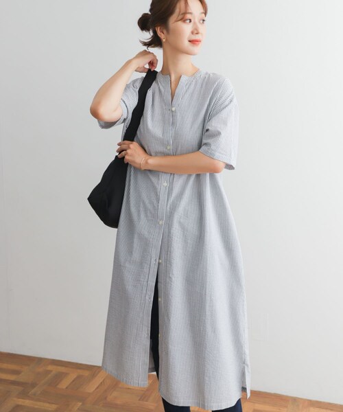 URBAN RESEARCH DOORS（アーバンリサーチドアーズ）の「ストライプ5分袖シャツワンピース（ワンピース/ドレス・レディース・BEIGE/BLACK/BLUE・M）」の2枚目の写真