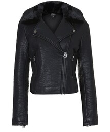 TOPSHOP | Textured faux leather biker jacket with soft black faux fur collar and anthracite trims. 100% polyurethane. machine washable.(ライダースジャケット)