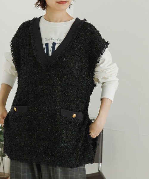 URBAN RESEARCH(アーバンリサーチ)の「ツイードニットベスト(トップス・レディース・BLACK/IVORY・FREE)」の2枚目の写真