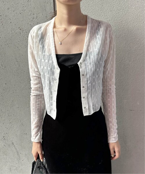 EDIT. FOR LULU（エディットフォールル）の「ストライプVネックレースカーデ（その他・ブラック/フリー）」の2枚目の写真