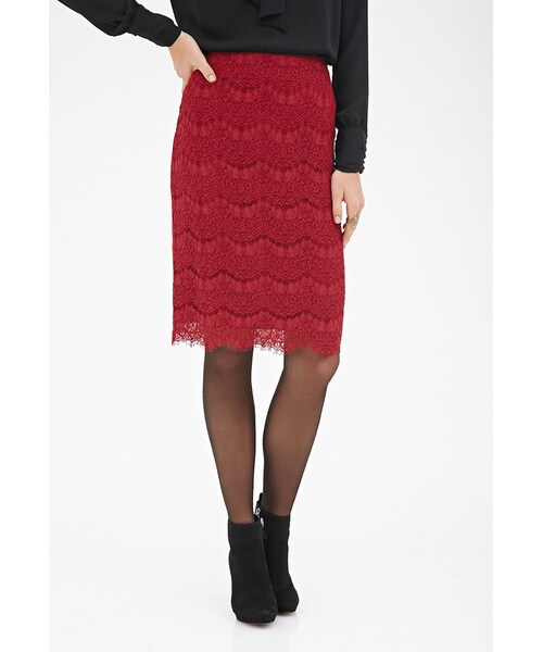 FOREVER 21(フォーエバー トゥエンティーワン)の「FOREVER 21 Scalloped Lace Pencil Skirt(スカート・レディース・Red・Medium/Small/Large/X-Small)」の3枚目の写真