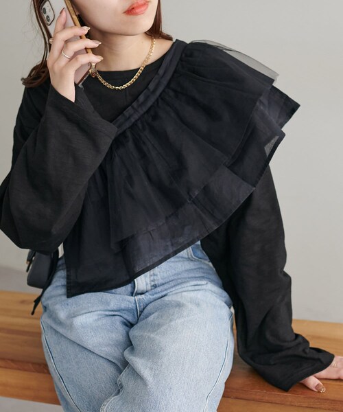 DISCOAT（ディスコート）の「【SET ITEM】チュールセットシアーロングTシャツ《マルチWAY仕様》（Tシャツ/カットソー・レディース・オフホワイト/ブラック・F）」の2枚目の写真