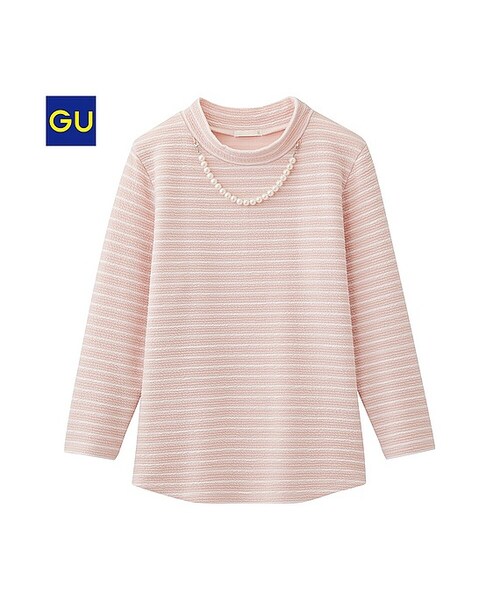 GU（ジーユー）の「（GU）クロップドジャカードボーダーＴ（７分袖）（WOMEN ⁄ カットソー（Ｔシャツ）・レディース・NAVY/OFF WHITE/PINK・L/XL/M/S）」の3枚目の写真