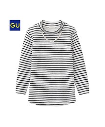 GU | （GU）クロップドジャカードボーダーＴ（７分袖）(トップス)