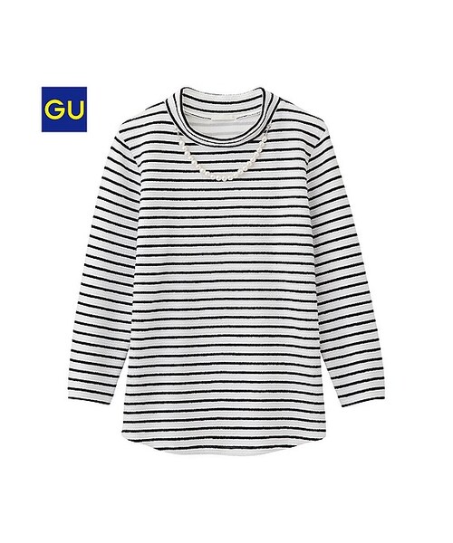 GU（ジーユー）の「（GU）クロップドジャカードボーダーＴ（７分袖）（WOMEN ⁄ カットソー（Ｔシャツ）・レディース・NAVY/OFF WHITE/PINK・L/XL/M/S）」の2枚目の写真