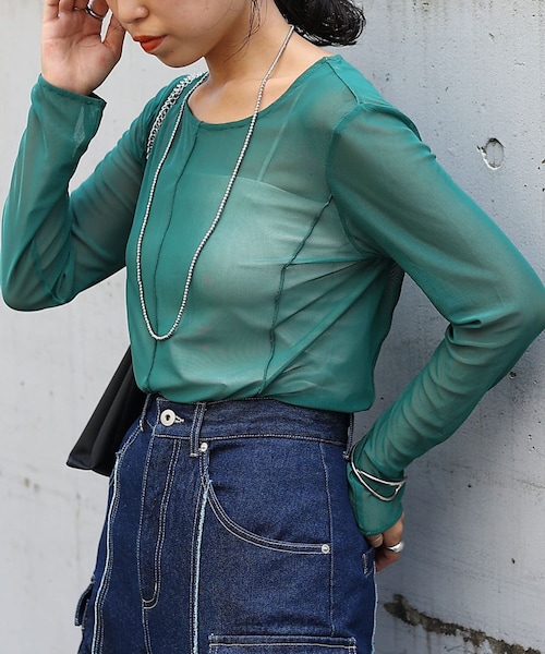 COLONY 2139(コロニートゥーワンスリーナイン)の「【7.29(土)12:00販売】シアーメロー切替トップス(Tシャツ/カットソー・レディース・グレー/ブラック/ネイビー/グリーン・F)」の3枚目の写真